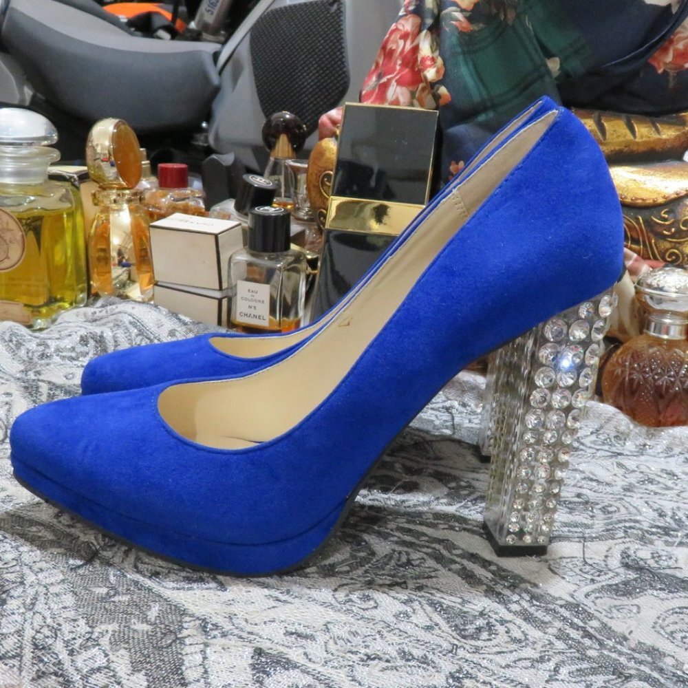 Royal Blue Crystal Block-Heel Pumps